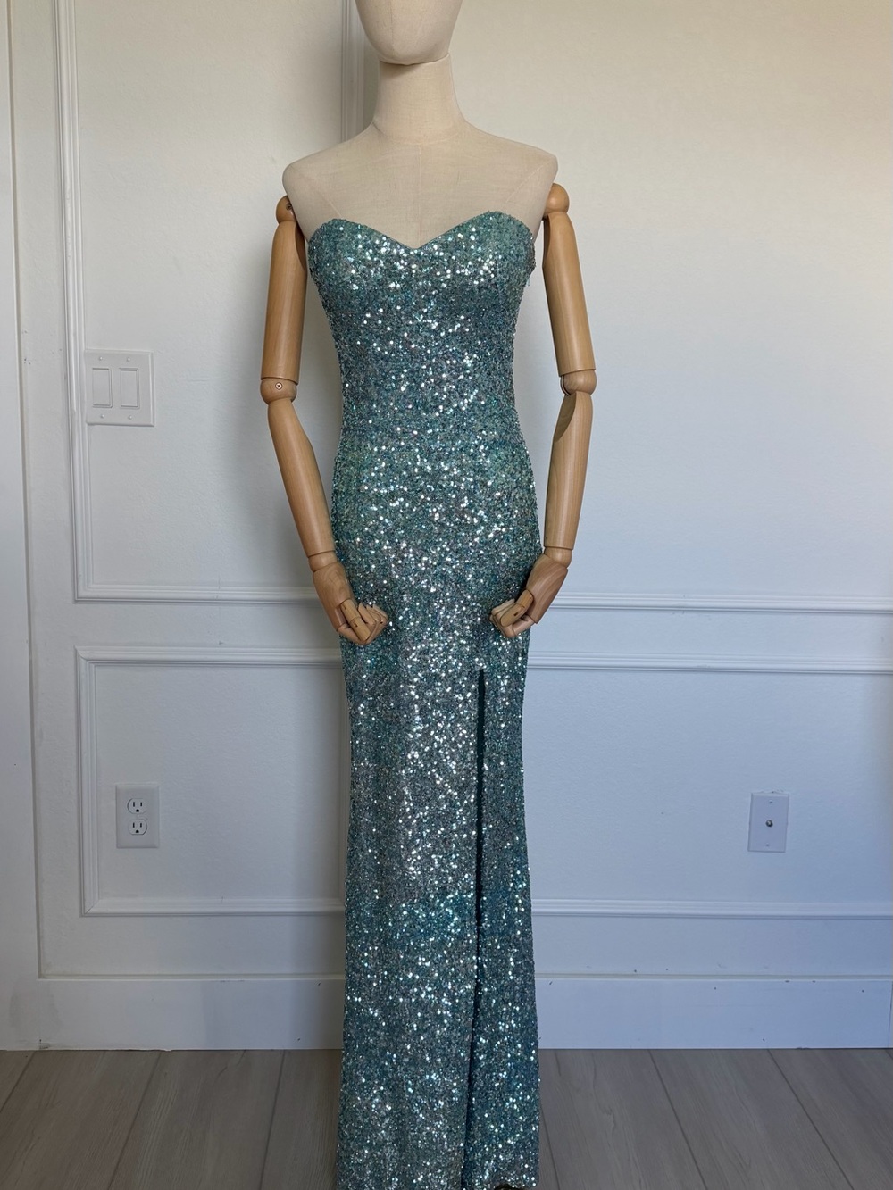 La Femme Strapless Sequin Gown in Aqua Teal